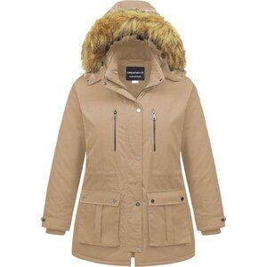 Women's Winter Warm Khaki Waterproof Long Puffer Jacket Coat Thicken Fur Hood